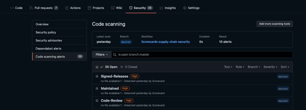 Screenshot showing high severity code scanning results