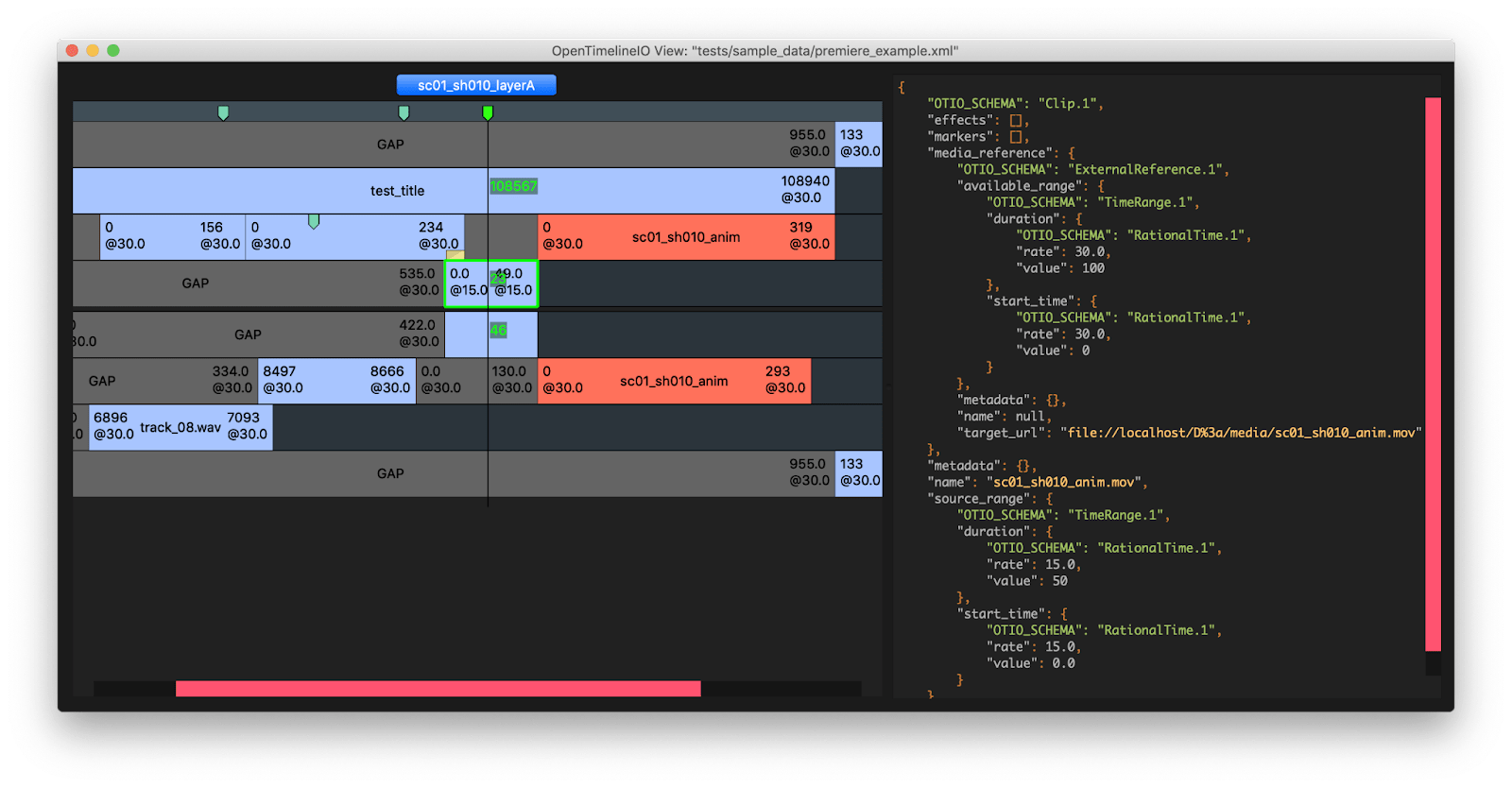 A screenshot of OpenTimelineIO being used in media editing.