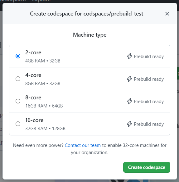Screenshot of "prebuild ready" machine options