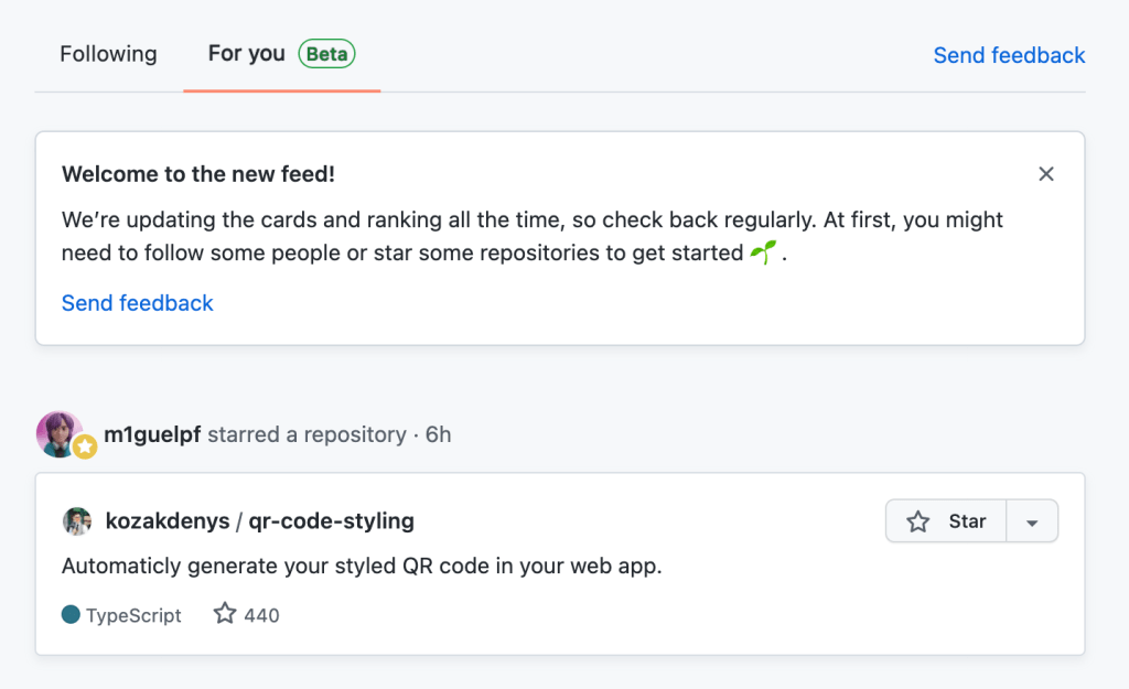 Screenshot of GitHub's new feed