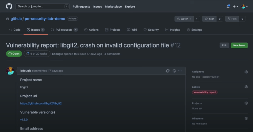 A screenshot of an Issue template GitHub employees use to report vulnerabilities