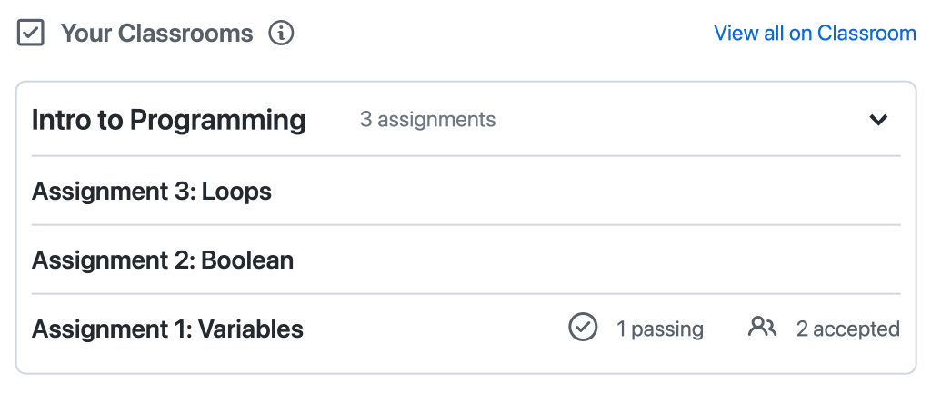 Screenshot of GitHub Classroom widget