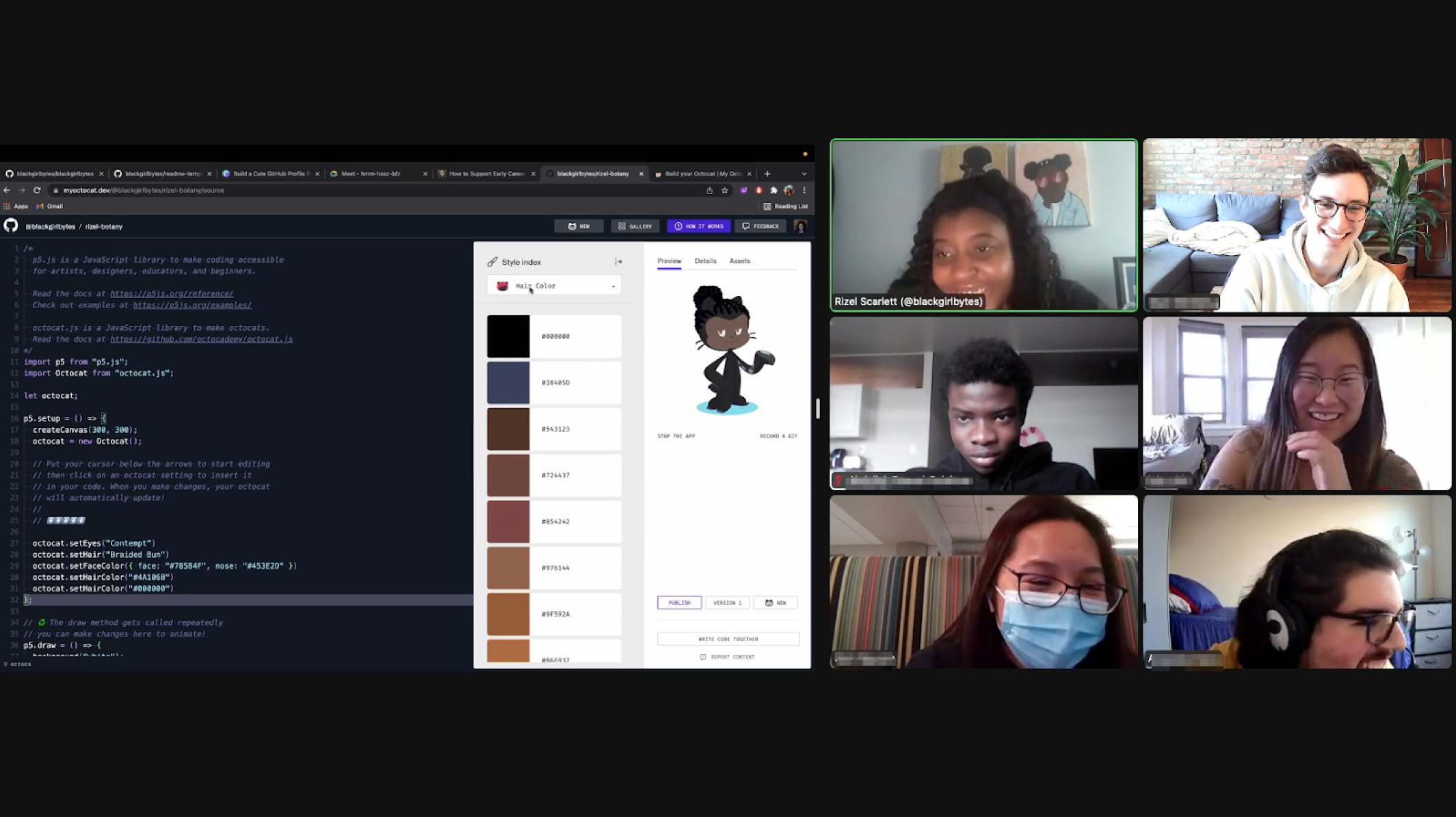 Zoom screenshot showing people collaborate on building an Octocat with code