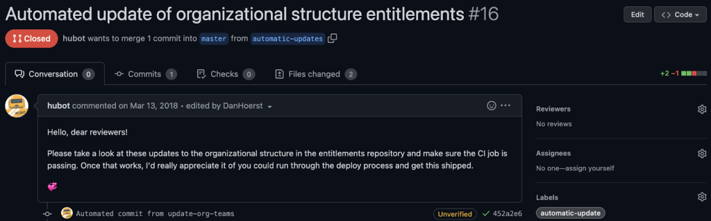 Screenshot of automated update of organizational structure entitlements