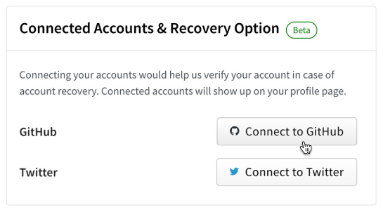 Screenshot of account recovery options on npm