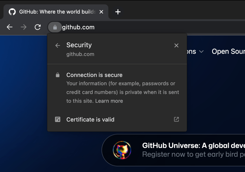 Viewing site information of a GitHub page in a browser shows a correct GitHub URL and a valid certificate issued to GitHub, Inc.