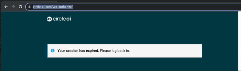 A screenshot of a phishing site impersonating CircleCI and telling the user that their session expired and they should log back in
