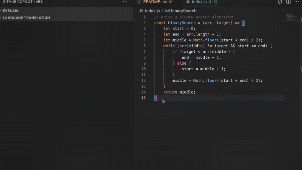 Demonstration of using Copilot's ‘Explain’ feature to gain an understanding of the code, developers can better comprehend complex blocks of code.