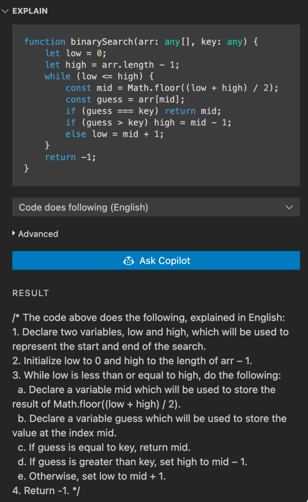 Closeup look at the results of Copilot's 'Explain' feature being used.