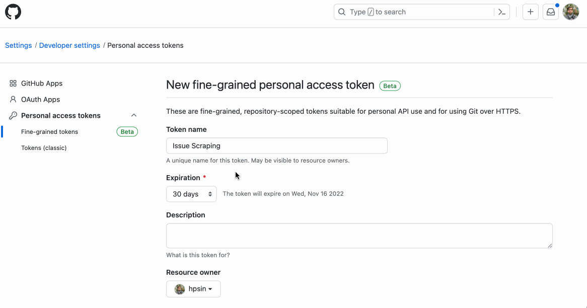 Creating a fine-grained Personal Access Token