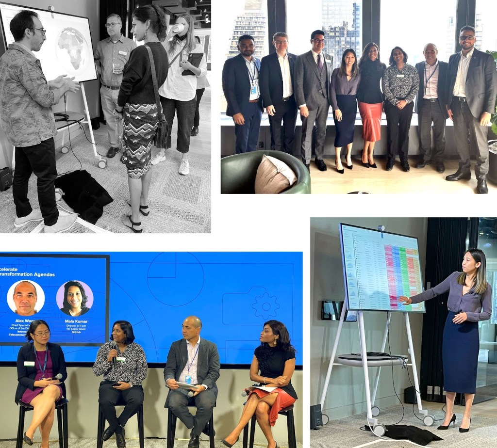 Collaged photographs from the UNDP Digital Compass side-event at UNGA77: a woman talking to a man in front of a poster, a group shot of men and women in business clothing, four panelists sitting in front of a presentation screen, and a woman gesturing to a poster that is being presented on an easel.