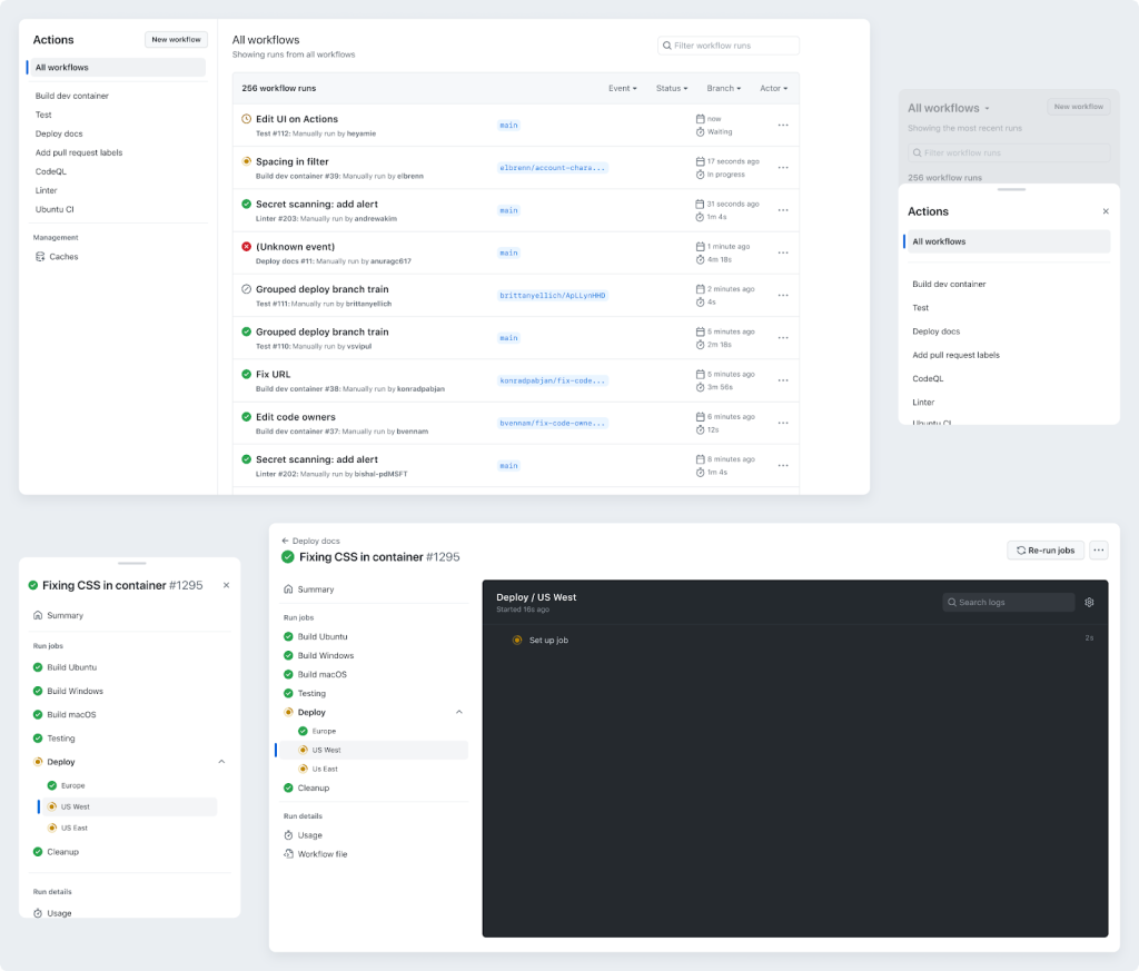 Screenshots of the workflow list and workflow run pages on desktop and mobile viewports.