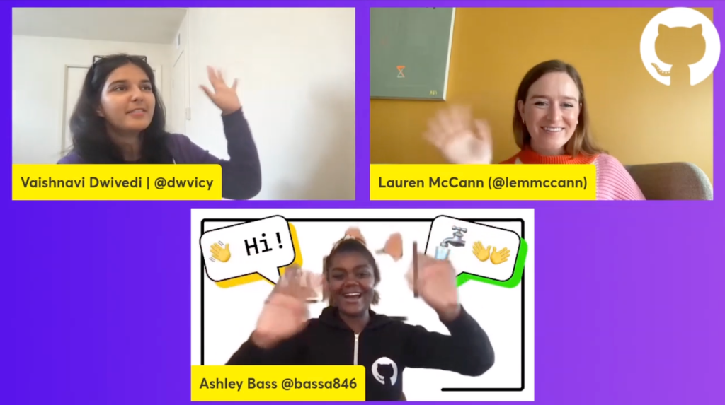 Three women, Vaishnavi Dwivedi, Lauren McCann, and Ashley Bass, smiling and waving to each other in a still shot from a virtual webinar.