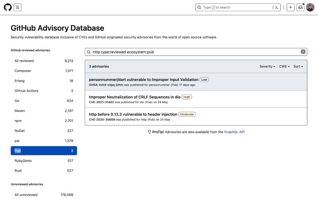 Dart advisories shown in the GitHub Advisory Database