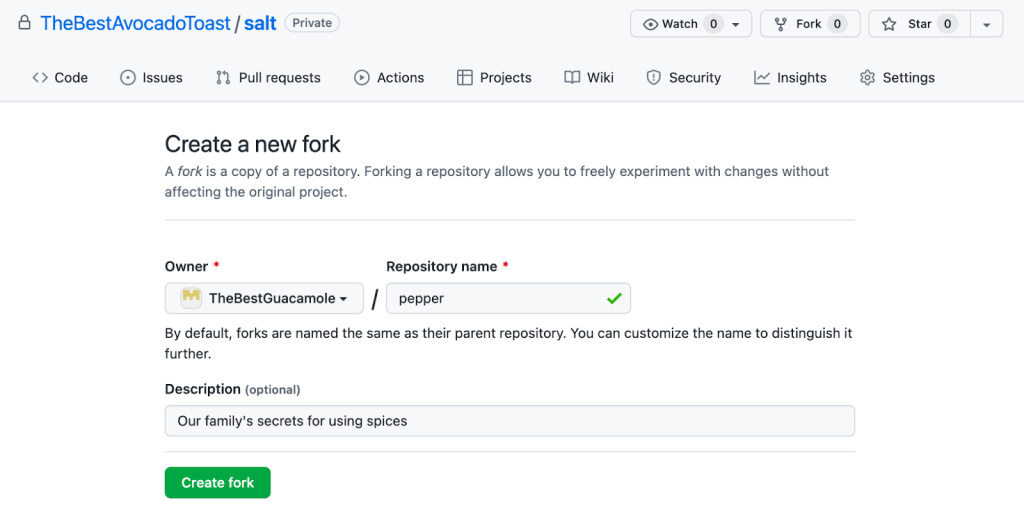 Screenshot of naming a new fork on the "create a new fork" page.