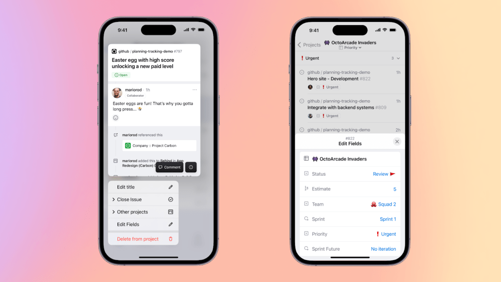 Side-by-side mobile devices showing the steps to edit  custom fields via Quick Action.