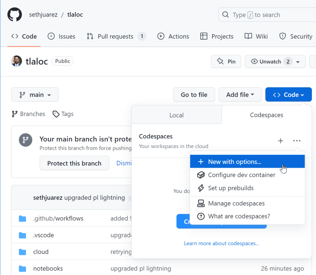 Screenshot of Codespaces with options menu showing