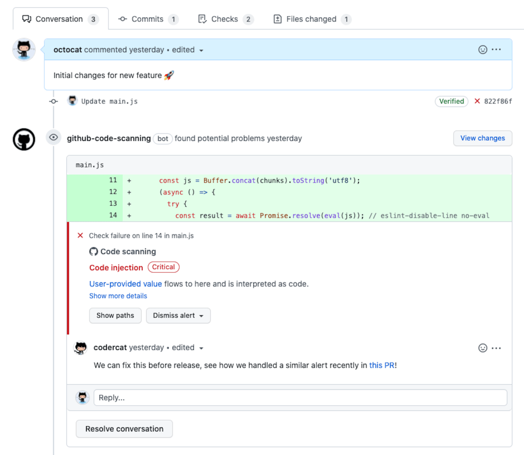 Code scanning alerts are now interactive annotations in on a pull request’s Conversation tab.