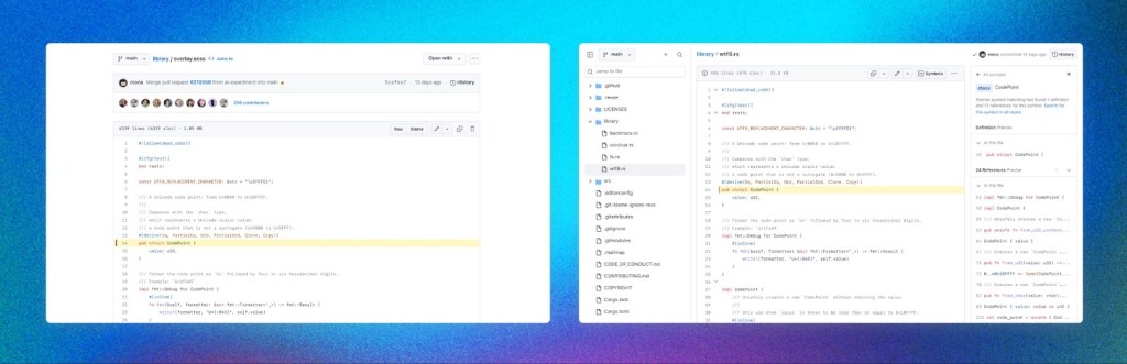 Side-by-screenshots showing the old code view and the new code view, which includes a file tree on the lefthand side.