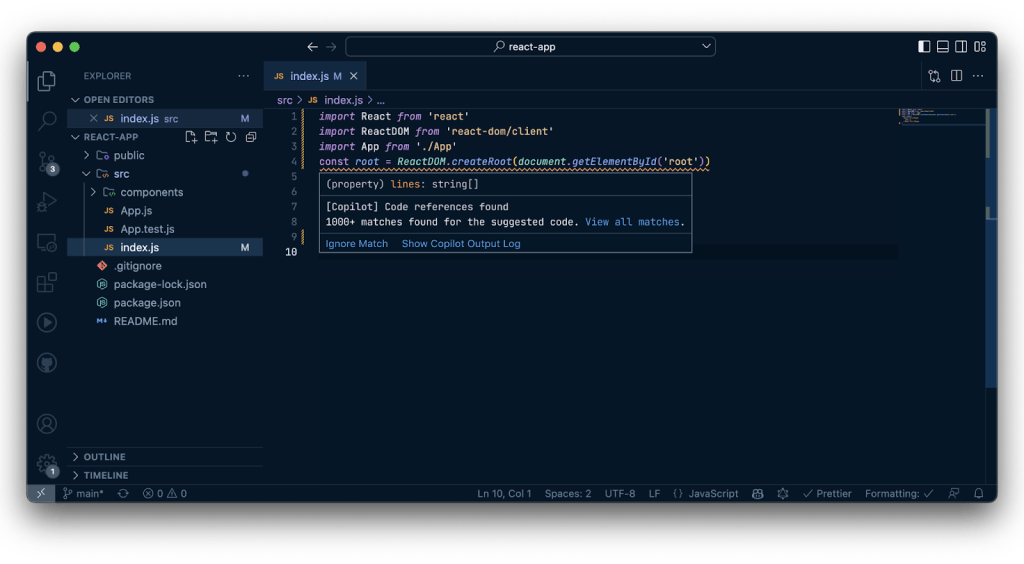 Screenshot showing the index.js file in a code editor.