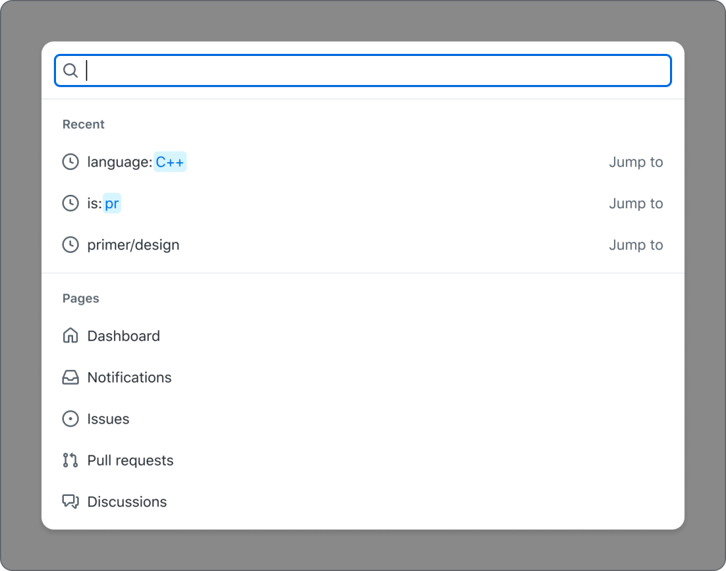 Search input with results; first group of items is "Recent" with the Recent header on top. The second group is "Pages" with the Pages header on top of the second group. There is a line separator between each group of items.