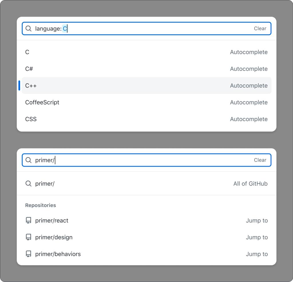 Two different search inputs with results. The results in the first example have "Autocomplete" appended to the end of the row of each suggestion. The results in the second example have "Jump to" appended to the end of the row of each suggestion.