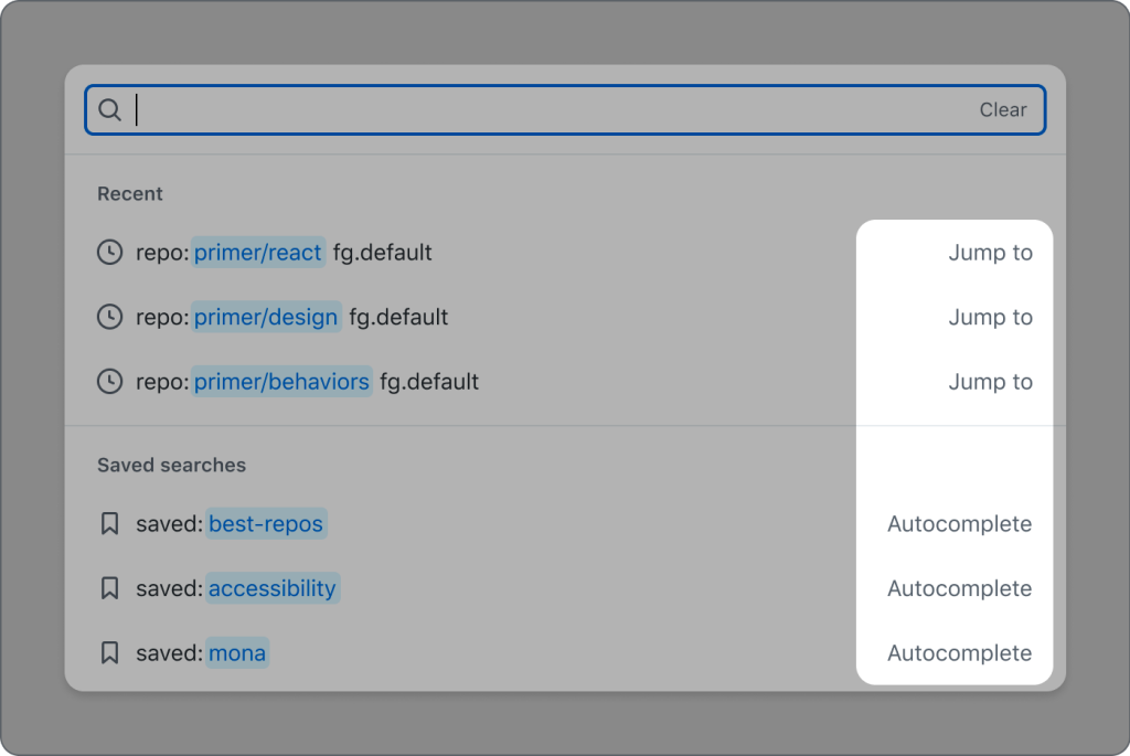 Search results displaying the "Jump to" appended text to the results in the Recent group and "Autocomplete" appended to the results in the Saved searches group; there is a rectangular highlight over the appended words for emphasis.