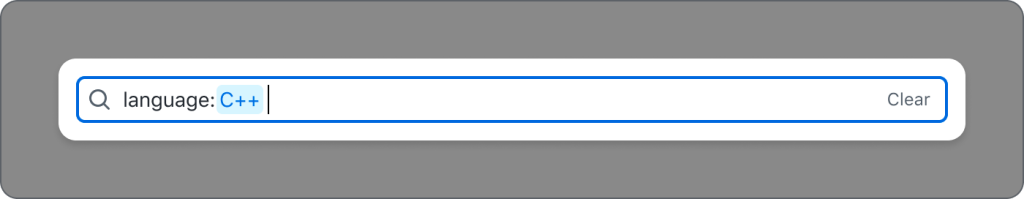 Text input with an icon of a magnifier at the beginning. The input text of "language:" is a dark gray and the value "C++" is a shade of medium blue with a highlight background of a lighter blue.