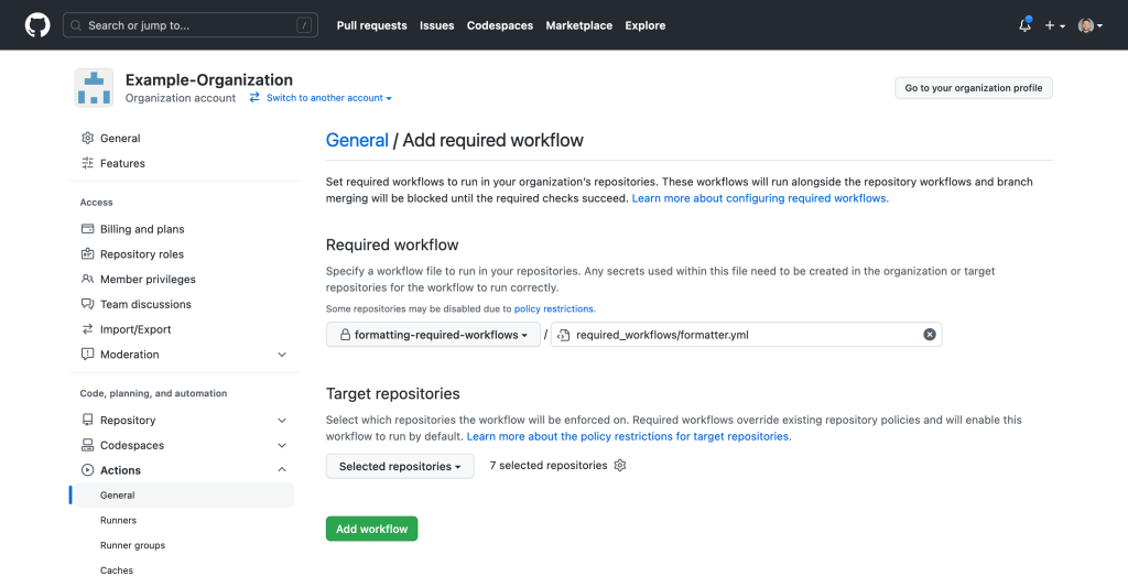 Screenshot of the page where an administrator can now add required workflows to run in their organization's repositories.