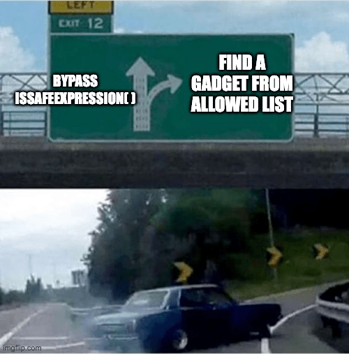 The picture shows a road with two ways: bypassing the isSafeExpression method or finding a gadget in the allowed list. The car chooses the latter.
