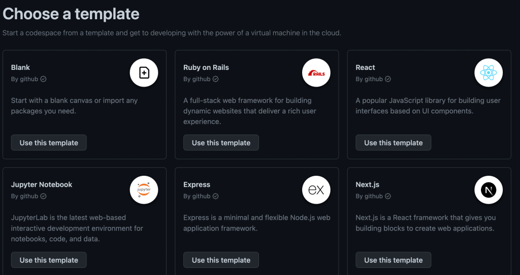 Screenshot showing Codespaces templates.