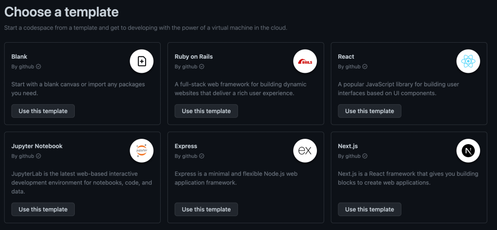 Screenshot showing a list of available codespace templates.