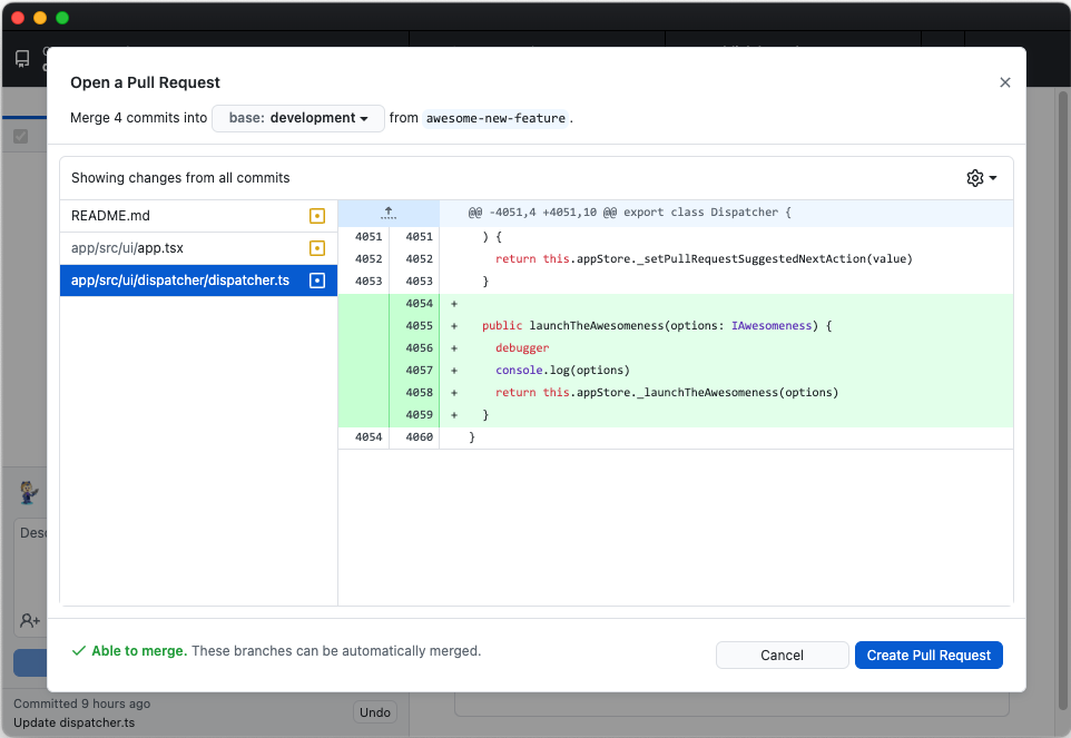 The pull request preview open showing a file change with a debugger in it.