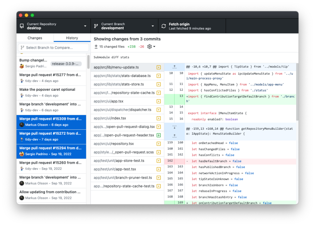 Showing the diff across three commits in the GitHub Desktop development branch history