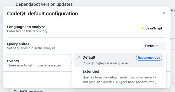 Screenshot of the CodeQL configuration page.