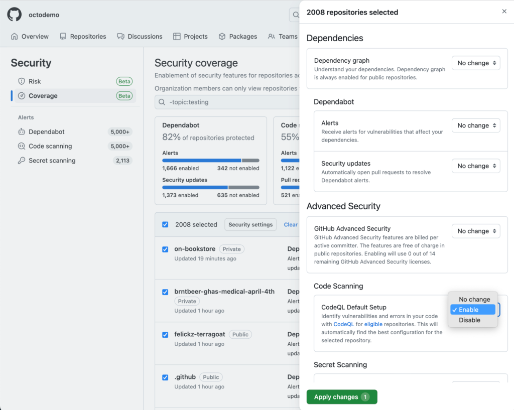 Screenshot of the security coverage page showing where to select "enable" for getting started with multi-repository enablement.