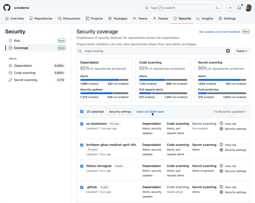 Screenshot of the security coverage page in security overview.