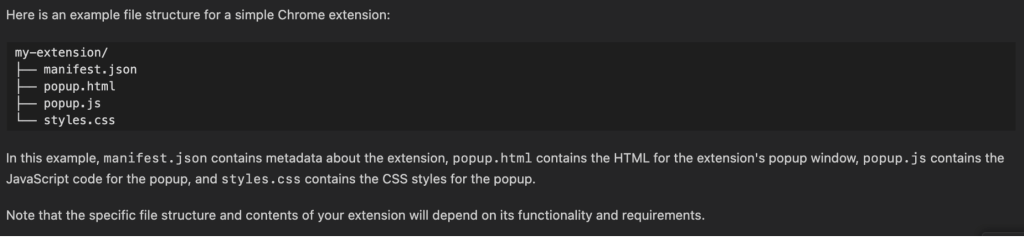 Copilot response showing an example structure for a simple Chrome extension.