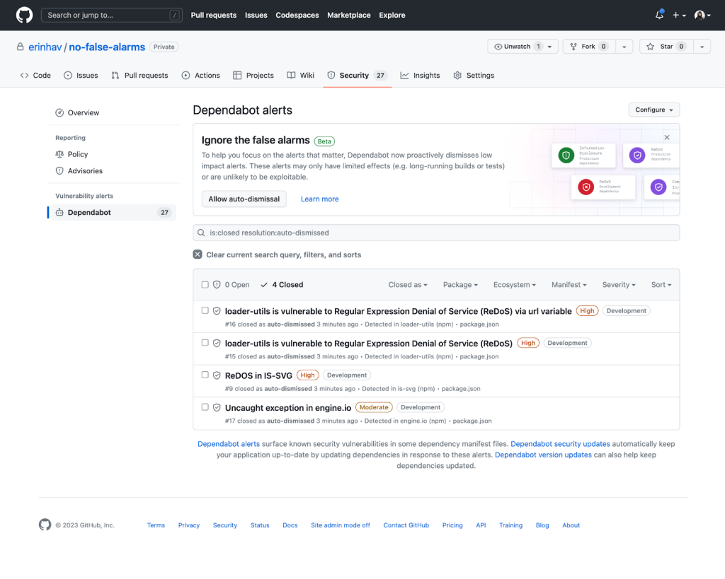 Allow auto-dismissal and review dismissed alerts on the Code Security page