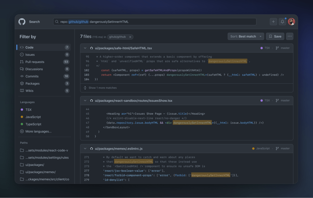Search results for the query repo:github/github dangerouslySetInnerHTML