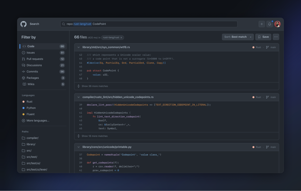 The new code search UI on GitHub.com