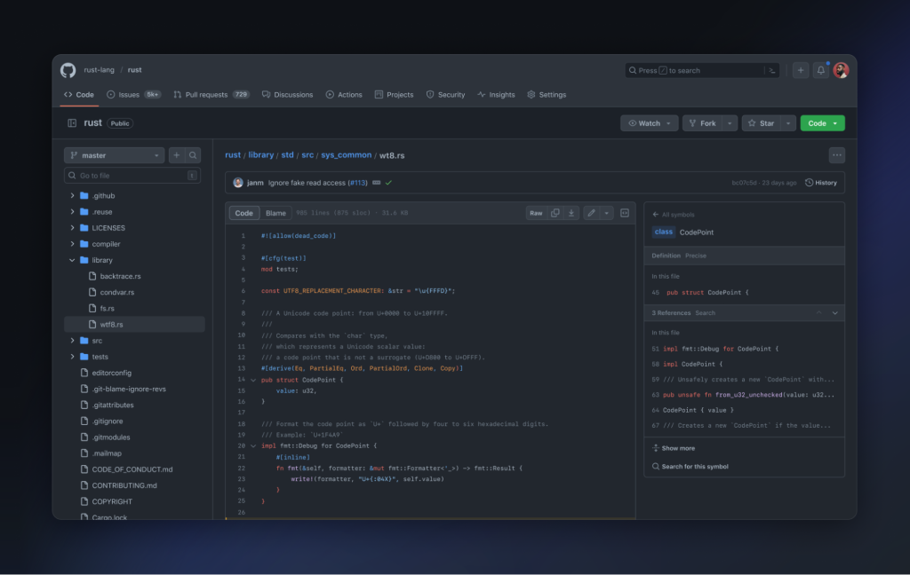 The new code view UI on GitHub.com