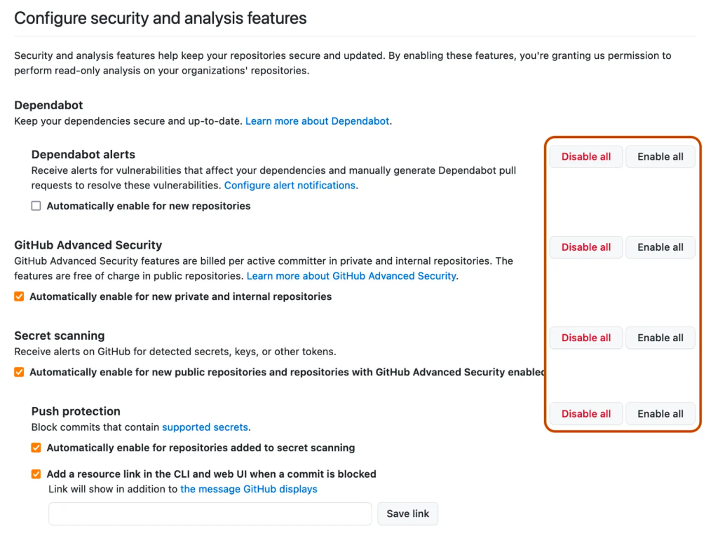 Screenshot of the push protection settings page