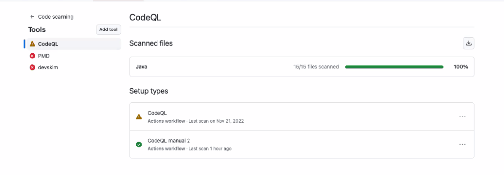 View of tool status side bar with CodeQL selected
