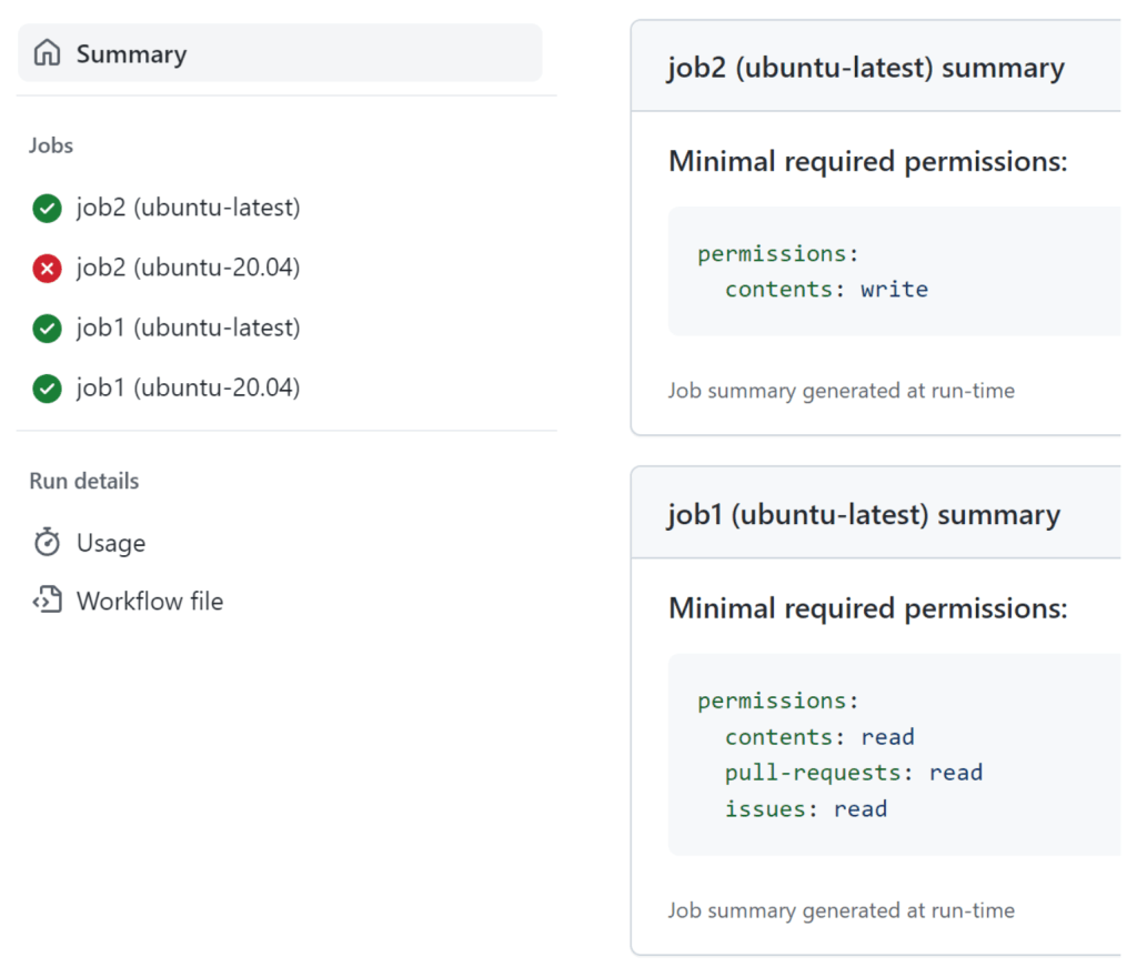 Screenshot of the output from the Monitor action displaying the minimal required permissions for the given repository.