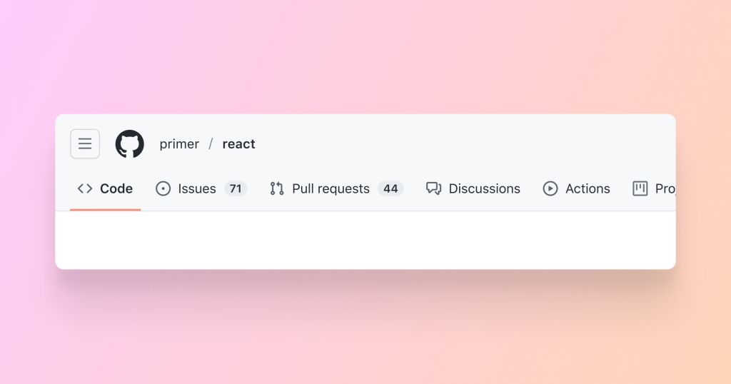 An image of the upper-left part of a GitHub webpage that shows breadcrumbs in the new navigation UI. There is a breadcrumb named “react” representing the current page, and a breadcrumb to the left of that named “primer,” representing the parent page of the current page.