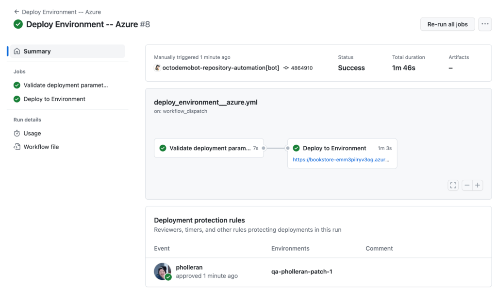 Screenshot of a workflow run associated with a pull request, showing that it has been approved by user PHolleran.
