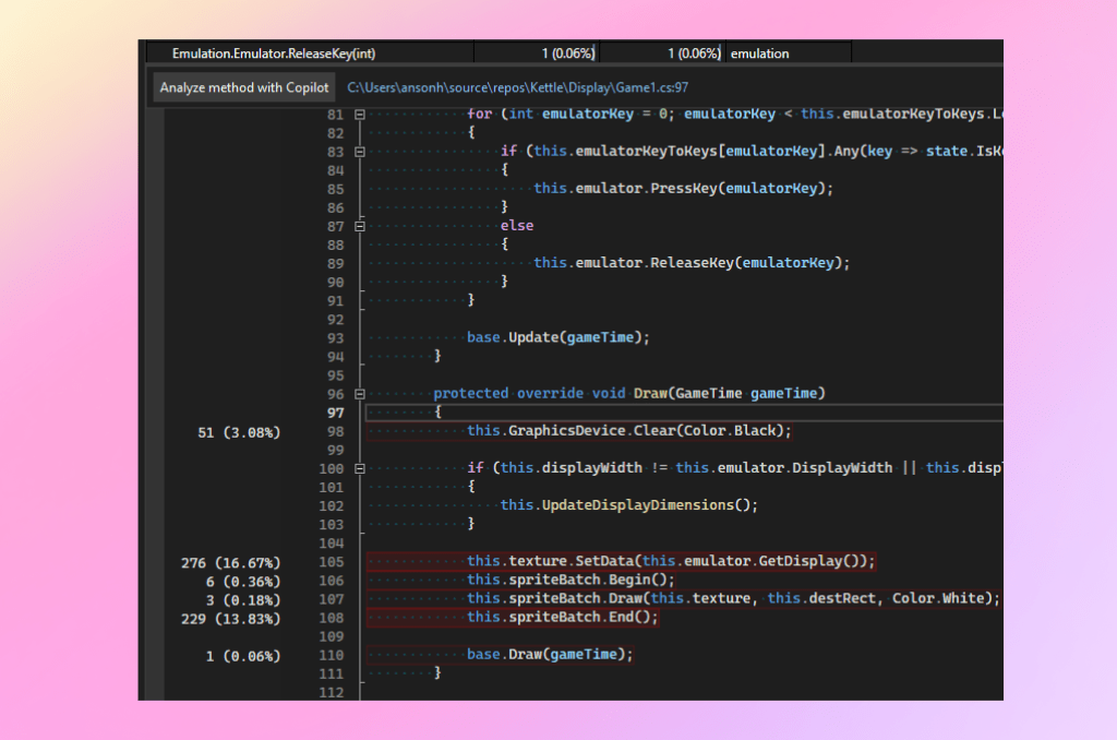 Analyze method with GitHub Copilot in CPU usage tool