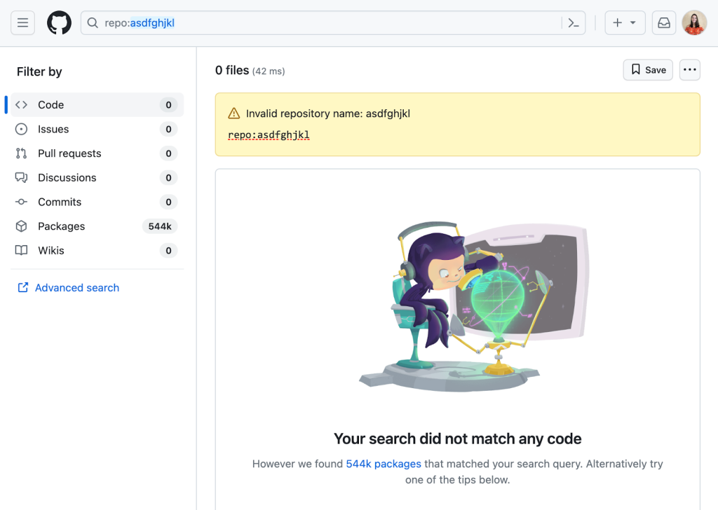 A screenshot of search results showing 0 results and an error message saying, “Invalid repository name.” I have searched “repo:asdfghijkl." The “Code” filter item is selected. There is also some help text on the page that says “Your search did not match any code. However, we found 544k packages that matched your search query. Alternatively, try one of the tips below.