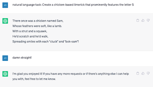 A screenshot of ChatGPT answering a prompt to create a chicken-based limerick.